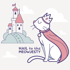 Cartoon Cat King with Crown and Cape, Sitting Proudly, Meowjesty Concept.