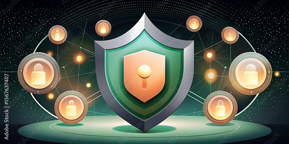 Poster a metallic shield with a keyhole is surrounded by glowing locks, representing digital security and p