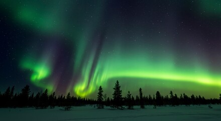 Vibrant aurora borealis display arches over a snow-covered forest under a starlit sky