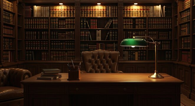 Elegant Law Office Library with Bookshelves, Blurred Background for Virtual Meeting