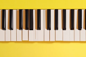 Piano keys, black and white, on a bright yellow background