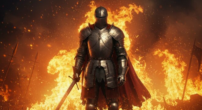 A knight in full plate armor stands amidst a fiery battlefield, sword at his side, a cape billowing behind him