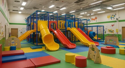 Bright colorful play area with slides and climbing structures for kids