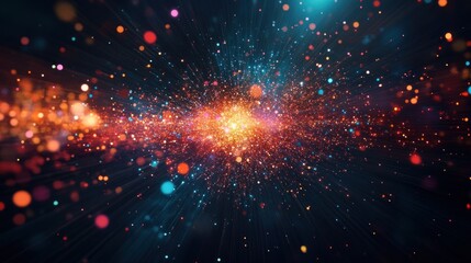 Fototapeta premium Abstract explosion of colorful particles in dark space