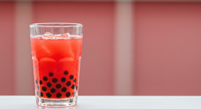 A refreshing beverage with dark bobas at the bottom, filled with red drink and ice cubes, clear glass