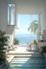 Naklejka premium Modern penthouse with ocean view and indoor pool. Spacious, bright interior with a minimalist design, featuring a built-in seating area, stairs, kitchen, and a clear view of the sea