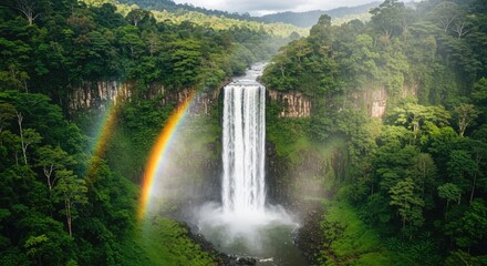 Fototapeta premium Lush Waterfall with Rainbow in Tropical Forest Scenic Landscape under Dramatic Cloudy Sky
