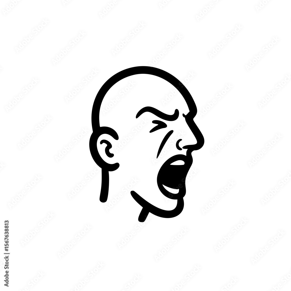 Poster man screaming in profile with black line illustration style - concept of simple linear vector illust