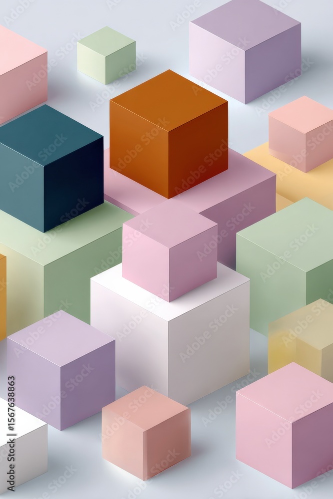 Poster Colorful 3D Cubes Illustration with Various Sizes and Pastel and Bright Shades Arranged in a Dynamic Pattern for Modern Design