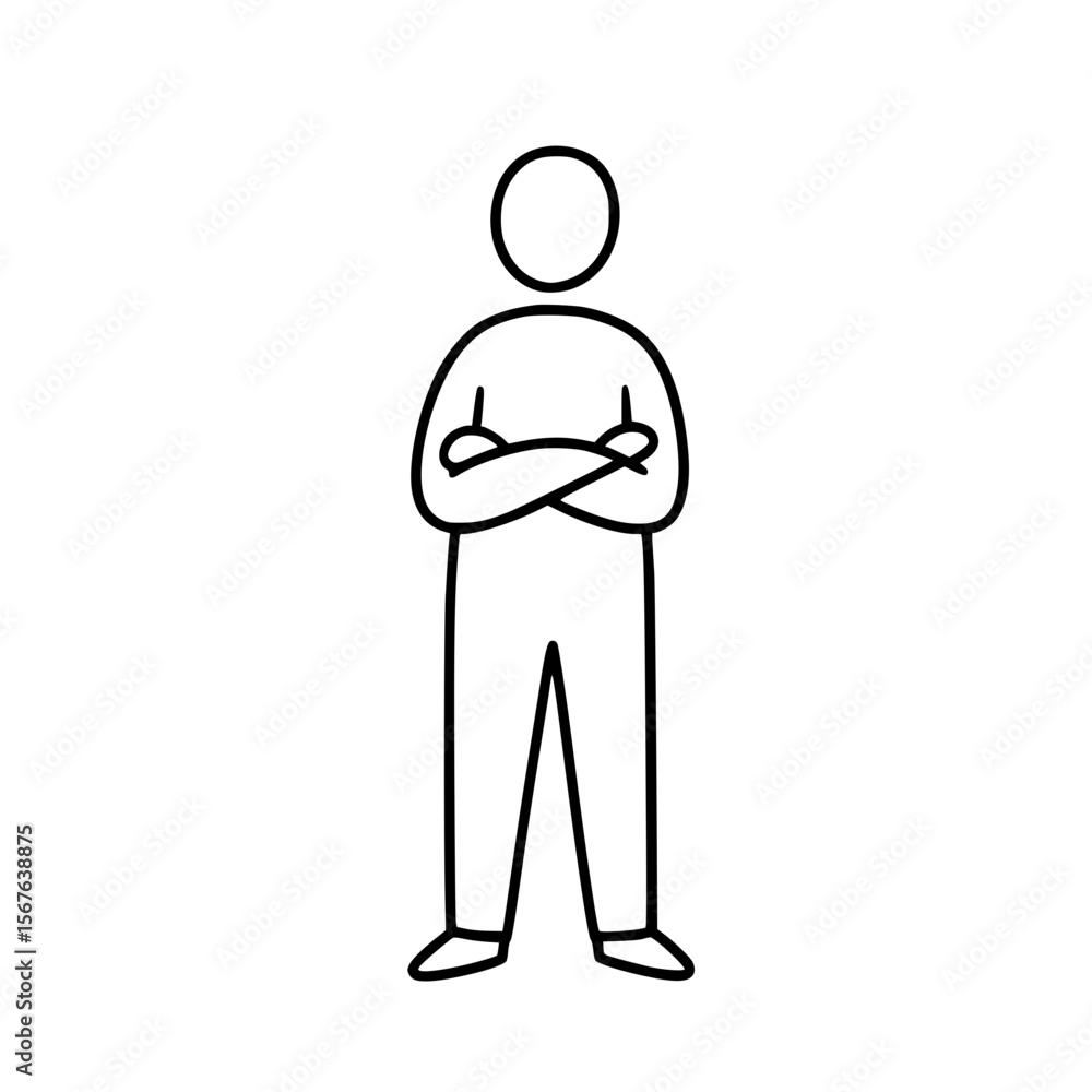 Poster outline of a person standing with arms crossed as simple linear vector icon