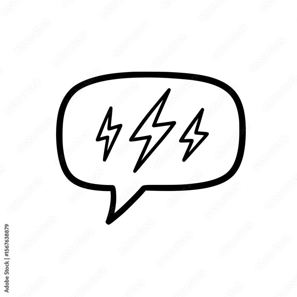 Poster simple linear vector icon of speech bubble with lightning bolts