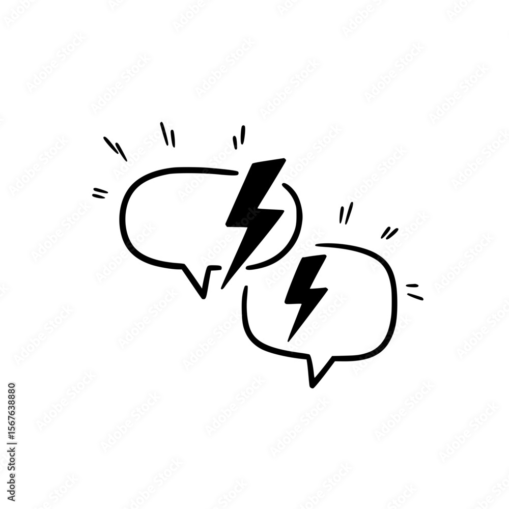 Poster conversation bubbles with lightning icons representing conflict concept