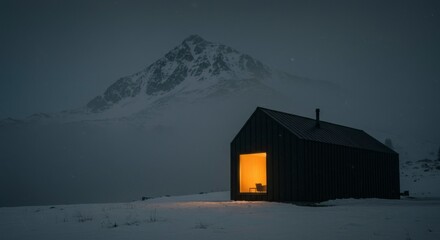 Mountain hut bathed in warm, inviting light at night, nestled in snowy landscape
