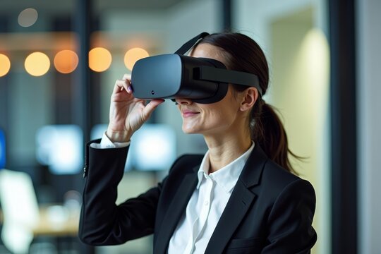 Title: Professional woman wearing business attire immerses herself in virtual reality in a contemporary office environment - Powered by Adobe