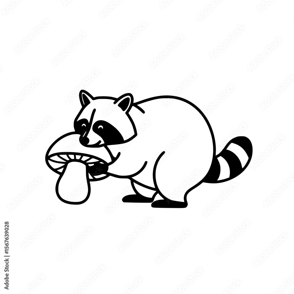 Poster raccoon holding a mushroom in a simple linear vector icon style