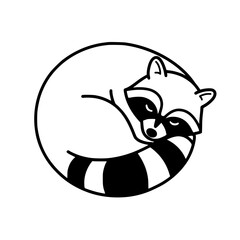 Raccoon curled up in a round shape illustrating simple linear vector icon  