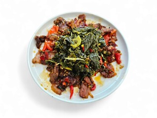 Colorful plate of sautéed beef and leafy vegetables, perfect for healthy food visuals or home-cooked meal inspiration. Isolated on white background