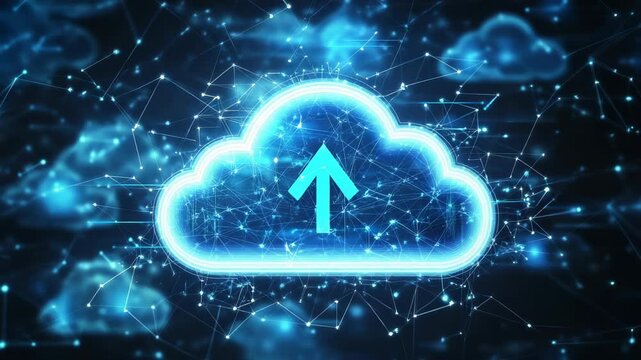 Glowing cloud icon with upward arrow, set against a dark blue background of interconnected nodes and blurred clouds, suggesting data transfer or cloud computing