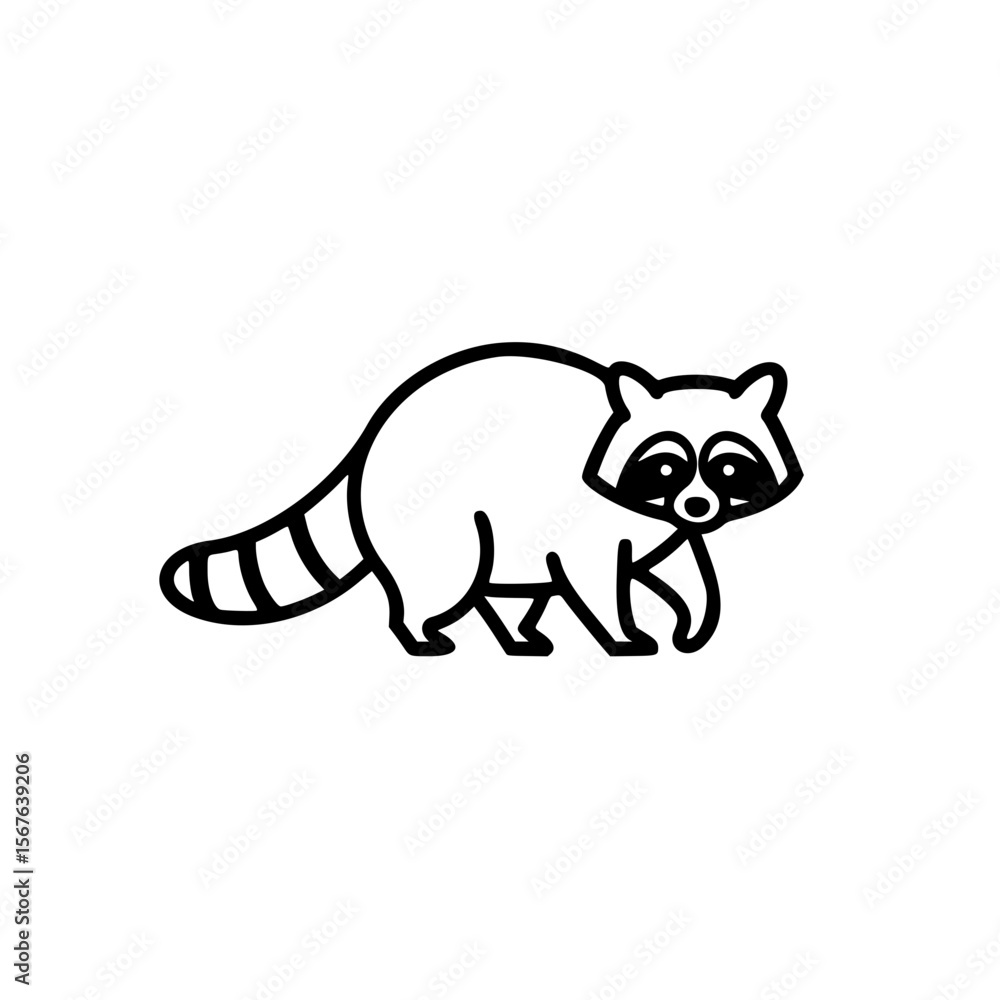 Poster raccoon walking with playful demeanor in a simple linear vector icon