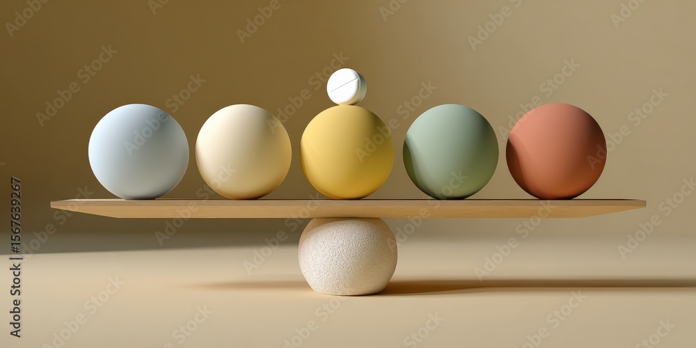 Poster Five colorful smooth spheres arranged on a wooden balance beam with a large textured ball supporting it, creating an artistic abstract balance scene