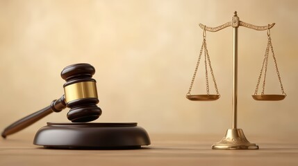 Justice Concept with Gavel and Scales on Simple Background, Symbolizing Law and Order in Legal System