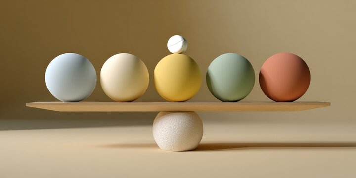 Five colorful smooth spheres arranged on a wooden balance beam with a large textured ball supporting it, creating an artistic abstract balance scene