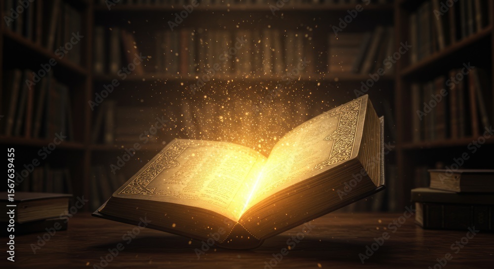 Fototapete magical open book emanating bright light with bookshelf background represents knowledge learning and
