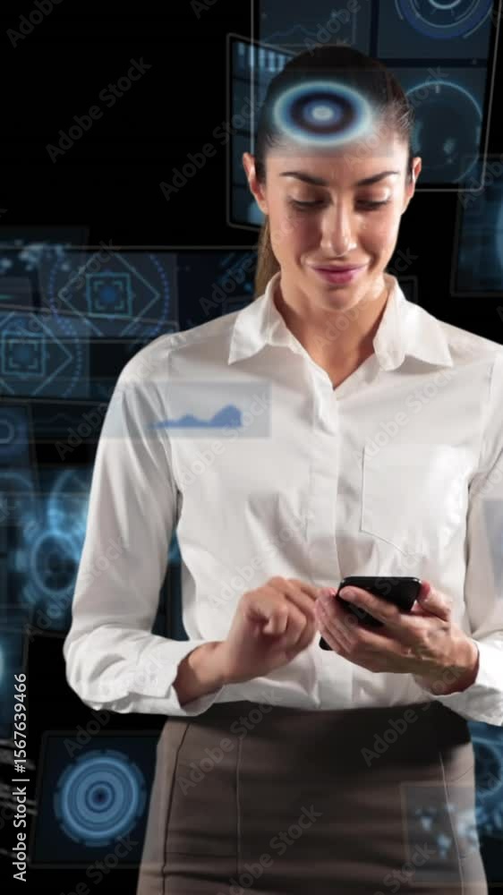 Poster animation of scope scanning and data processing over woman using smartphone