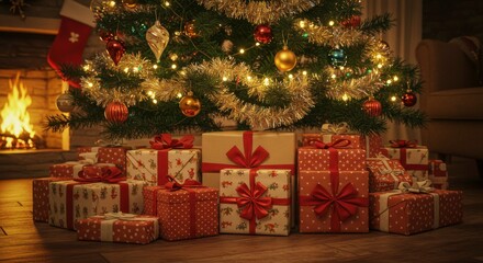 A warm, inviting scene of a decorated Christmas tree with presents at its base, near a crackling fireplace