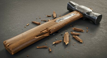 A broken hammer lies on a dark surface, its wooden handle shattered into numerous pieces