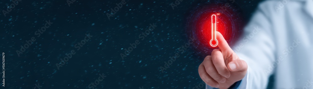Poster hand touching digital thermometer display on dark background with red glow technology concept of hea