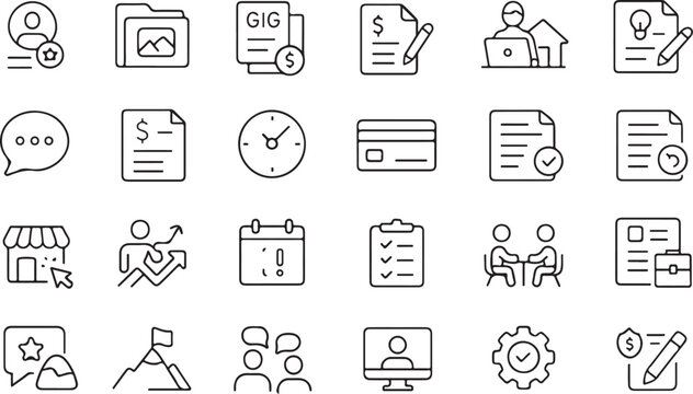 Collection of thin line icons representing freelancing business and work activities