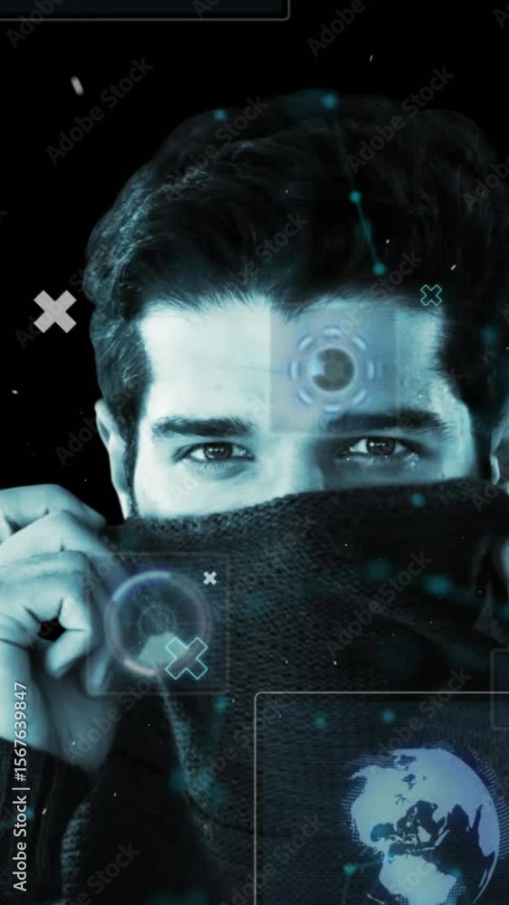 Aufkleber animation of scope scanning and data processing over man looking at camera