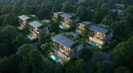 Luxurious eco-friendly homes nestled in a lush forest, featuring private pools and solar panels