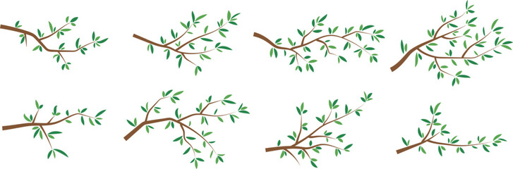 Flat Minimal Vector Illustration of Green Leafy Tree Branches Set for Botanical Decoration and Nature Design Template