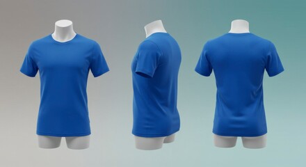 Three-view mockup of a royal blue t-shirt on a male mannequin