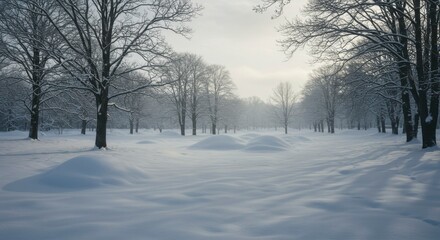 Snow-covered landscape with leafless trees, gentle mounds of snow, and a soft, hazy light