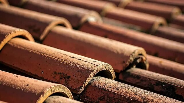 Close-up of weathered terracotta roof tiles, showcasing their classic pattern and earthy texture under natural light. Ideal for construction, renovation, architectural, or historical themes.
