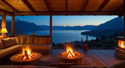 Cozy outdoor living space overlooking a lake at twilight. Two fire pits, comfortable seating, and a tranquil ambiance