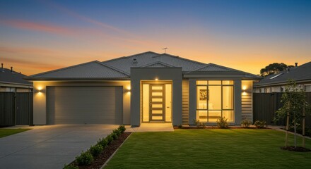 Modern single-story home at dusk, illuminated interior, landscaped yard, driveway