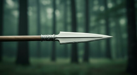 Close-up of a spear with a metallic tip. The focus is on the weapon, with a forest blurred in the background