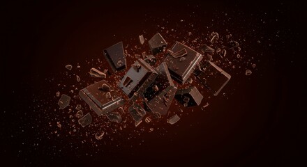 Dark chocolate chunks exploding against a rich brown backdrop, showcasing texture, and allure of confection