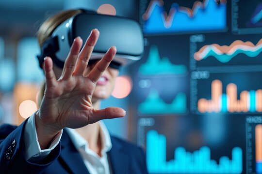 Businesswoman Holding Virtual Reality Headset Surrounded by Digital Graphs and Charts in Close-up Shot