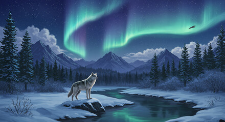 A Wolf Standing On A Snowy Rock With Aurora Borealis And Mountains In The Background At Night Time