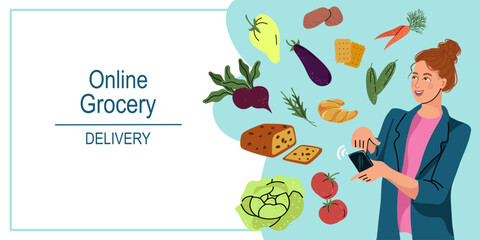 Flat vector illustration of a hand drawn horizontal banner showing a woman using her smartphone to order groceries online. Includes vegetables, bread, and baked goods. 