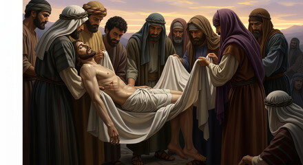 Naklejka premium Jesus Christ. Realistic depictions of Jesus Christ based on biblical stories, capturing key moments in his life, teachings, miracles and resurrection with emotional depth and historical accuracy.