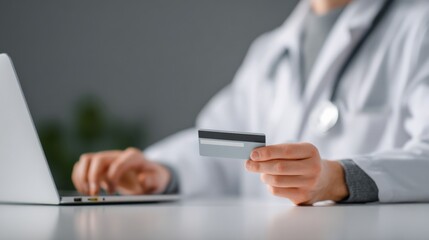 Close-up of a person in a white lab coat holding a credit card and using a laptop computer at a medical or professional office environment