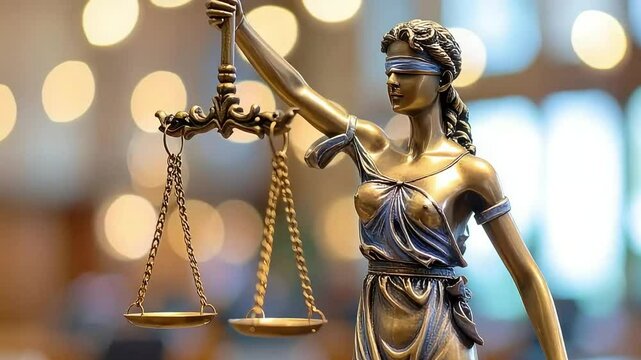 Close-up of a Lady Justice statue with a blindfold and scales, symbolizing impartiality and the rule of law. Golden bokeh lights illuminate the background.