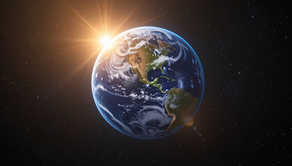 Obraz premium Earth View From Space With Sun Rising Over The Horizon And Stars In The Background Of The Image