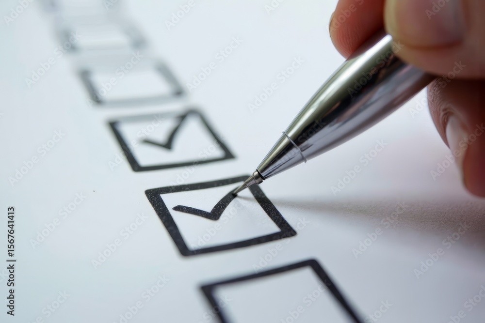 Poster a close-up of a silver pen completing a row of checkboxes on a white form